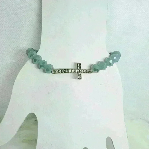 Navy Blue Beaded Bracelet with Rhinestones Cross - Picture 2 of 6